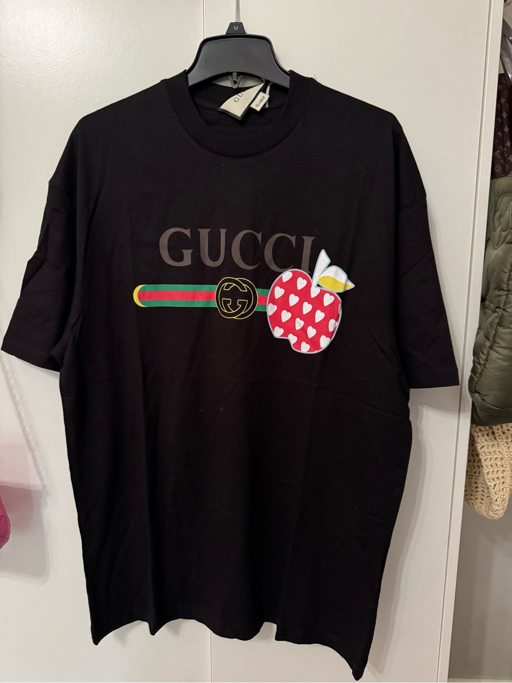 Gucci Black Logo Tee with Red Heart Apple Graphic